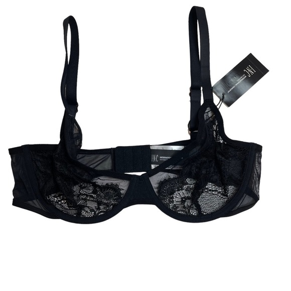 INC Intimates Underwire Lace Bra & High Waist Lace Thong Deep Black Large New - Picture 3 of 13